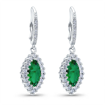 Halo Marquise Dangling Leverback Wedding Earrings Simulated Green Emerald CZ 925 Sterling Silver (31mm)